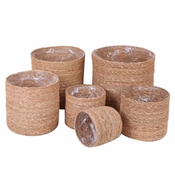 Dekoratif Natural Yuvarlak Düzenleyici Hasır Sepet Poşetli Saksılık 6lı Set