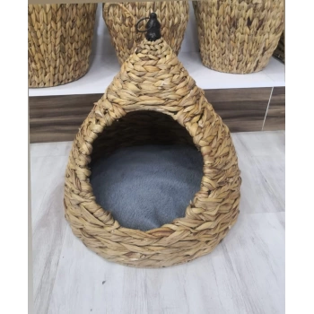 Dekoratif Armut Hasır Kedi Köpek Yatagı Sepet 46x46x49cm