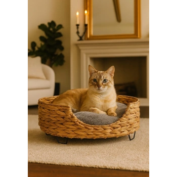 Dekoratif Yuvarlak Hasır Kedi Köpek Yatagı Sepet 55x22cm