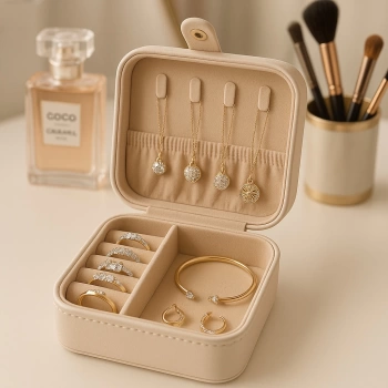 Deri Mini Baklava Desenli Seyahat Takı Bijuteri Mücevher Kutusu Organizer Düzenleyici 11,5cm Krem İthal Ürün