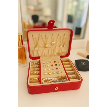 Deri Baklava Desenli Seyahat Takı Bijuteri Mücevher Kutusu Organizer Düzenleyici 16cm Kırmızı İthal Ürün
