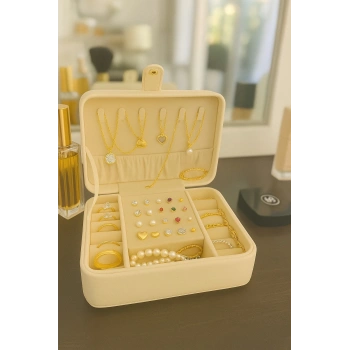 Deri Baklava Desenli Seyahat Takı Bijuteri Mücevher Kutusu Organizer Düzenleyici 16cm Krem İthal Ürün