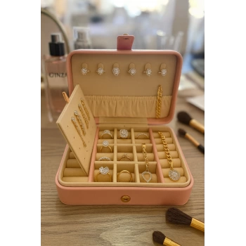 Deri Baklava Desenli Seyahat Takı Bijuteri Mücevher Kutusu Organizer Düzenleyici 16cm Pembe İthal Ürün