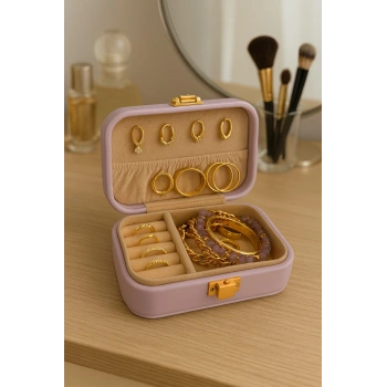Deri Midi Seyahat Takı Bijuteri Mücevher Kutusu Organizer Düzenleyici 12cm Lila İthal Ürün