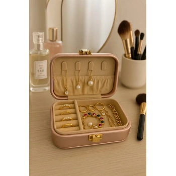 Deri Midi Seyahat Takı Bijuteri Mücevher Kutusu Organizer Düzenleyici 12cm Pembe İthal Ürün