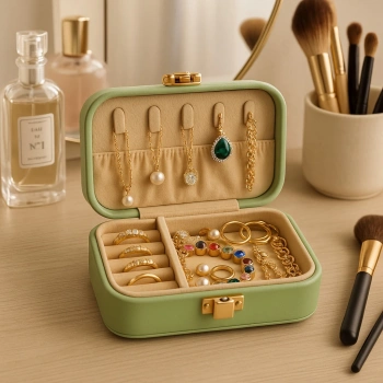 Deri Midi Seyahat Takı Bijuteri Mücevher Kutusu Organizer Düzenleyici 12cm Yeşil İthal Ürün