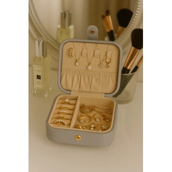 Deri Mini Baklava Desenli Seyahat Takı Bijuteri Mücevher Kutusu Organizer Düzenleyici 11,5cm Gri İthal Ürün