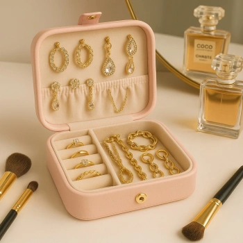 Deri Mini Baklava Desenli Seyahat Takı Bijuteri Mücevher Kutusu Organizer Düzenleyici 11,5cm Pembe İthal Ürün