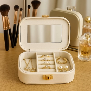 Deri Mini Seyahat Takı Bijuteri Mücevher Kutusu Organizer Düzenleyici 15cm Krem İthal Ürün
