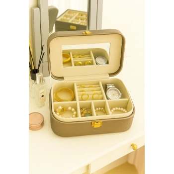 Deri Seyahat Takı Bijuteri Mücevher Kutusu Organizer Düzenleyici 20cm Bronz İthal Ürün