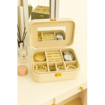 Deri Seyahat Takı Bijuteri Mücevher Kutusu Organizer Düzenleyici 20cm Krem İthal Ürün