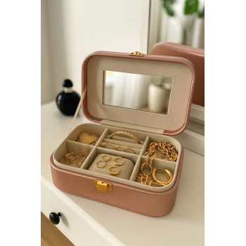 Deri Seyahat Takı Bijuteri Mücevher Kutusu Organizer Düzenleyici 20cm Pembe İthal Ürün