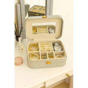Deri Seyahat Takı Bijuteri Mücevher Kutusu Organizer Düzenleyici 20cm Gri İthal Ürün