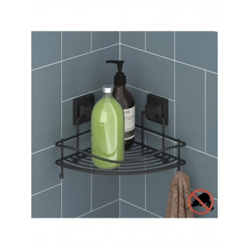 Easyfix Yapışkanlı Banyo Rafı Şampuanlık Kancalı Köşe Rafı Siyah