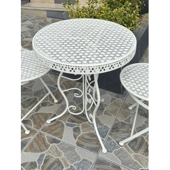 Ferforje Katlanır Masa Balkon Masası, Bahçe Masası Çap 60cm Beyaz