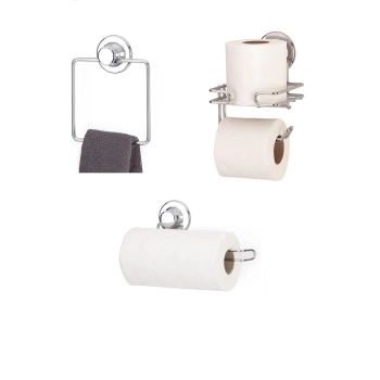 Hem Vakumlu Hem Vidalı Banyo Aksesuarı 3 lü Set Kare Havluluk + Tuvalet Kağıtlığı + Kağıt Havlu Askısı