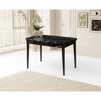 Kelebek Kütük Ortadan Açılır Büyüyen Parlak Ahşap Yemek Masası Siyah Mermer Desenli 80x130cm