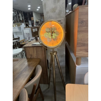 Ledli Tripod Gold Ayaklı Dekoratif Saat Döner Çarklı Gold-Gold