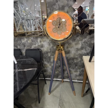 Ledli Tripod Ahşap Ayaklı Dekoratif Saat Döner Çarklı Gold-Meşe