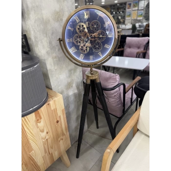 Ledli Tripod Ahşap Ayaklı Dekoratif Saat Döner Çarklı Gold-Siyah