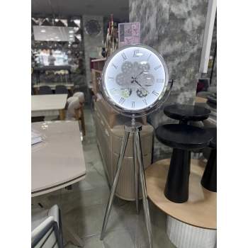 Ledli Tripod Krom Ayaklı Dekoratif Saat Döner Çarklı Krom-Krom