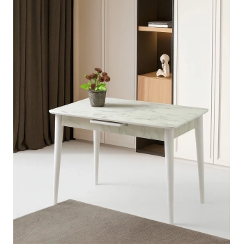 Ortadan Açılır Büyüyen Parlak Ahşap Yemek Masası Mermer Desenli 90x140cm SADECE MASA FİYATIDIR