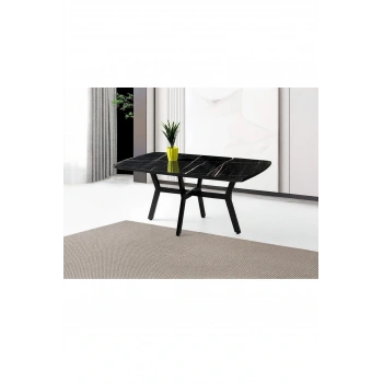 Parlak Ahşap Sabit Yemek Masası Siyah Mermer Desenli 90x160cm SADECE MASA FİYATIDIR