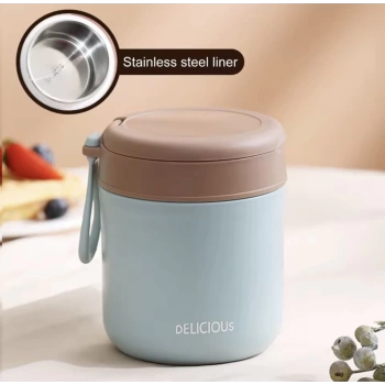 Paslanmaz Çelik Sızdırmaz Kaşıklı Saklama Kabı Beslenme Kabı 430 ML Mavi İthal Ürün