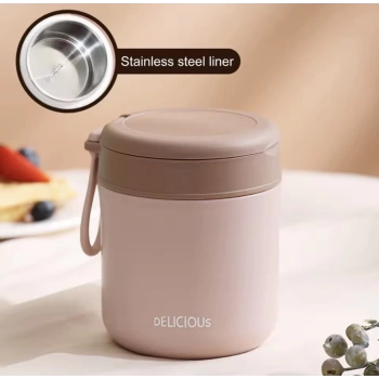 Paslanmaz Çelik Sızdırmaz Kaşıklı Saklama Kabı Beslenme Kabı 430 ML Pembe İthal Ürün