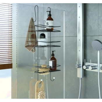 Paslanmaz Duşakabin Banyo Rafı Şampuanlık 3 Katlı Askılı Siyah