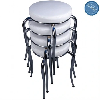 Paslanmaz Krom Ayaklı Deri Tabure 6 Adet Beyaz