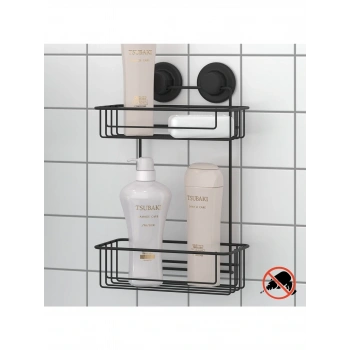 Vakumlu Banyo Duvar Rafı Şampuanlık 2 Katlı Siyah