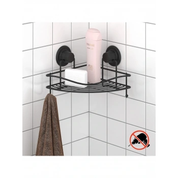 Vakumlu Banyo Duvar Rafı Şampuanlık Kancalı Köşe Rafı Siyah