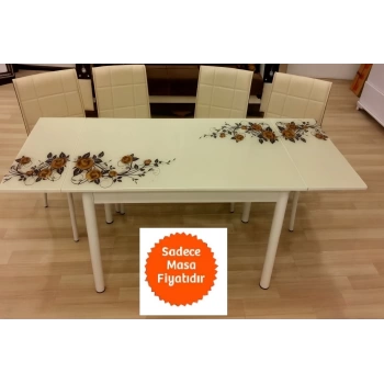 Yandan Açılır Büyüyen Cam Mutfak Masası Capicino Güllü - Beyaz Ayaklı 70x110 cm