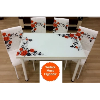 Yandan Açılır Büyüyen Cam Mutfak Masası Kırmızı Güldalı -Beyaz Ayaklı 70x110