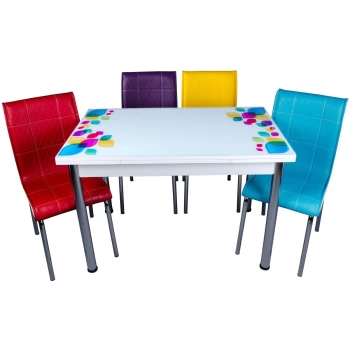 Yandan Açılır Cam Mutfak Masa Takımı 4 Sandalyeli 60x90cm Damla Desen