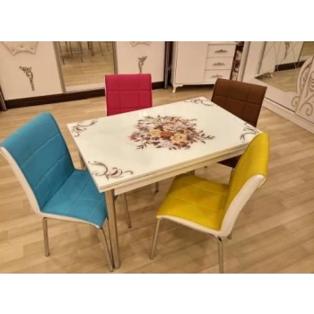 Yandan Açılır Cam Mutfak Masa Takımı 4 Sandalyeli 70x110cm Çiçek Demeti