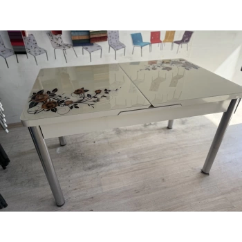 Yanlardan Açılır Büyüyen Kelebek Cam Mutfak Masası 80cm x 130cm Cappicino