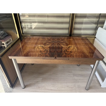 Yanlardan Açılır Büyüyen Kelebek Cam Mutfak Masası 80cm x 130cm Ceviz Çiçek