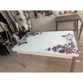 Yanlardan Açılır Büyüyen Kelebek Cam Mutfak Masası 80cm x 130cm Lila Gül