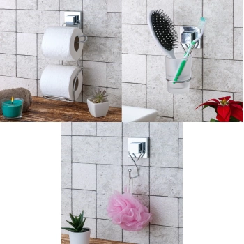 Yapışkanlı Banyo Aksesuarı 3 lü Set Havlu Askısı + Tuvalet Kağıtlığı + Diş Fırçalık