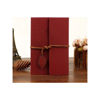 Yaprak Baskılı Deri Kapaklı Özel Tasarım Hediyelik Deri Kaplı Ajanda Anı-Not Defteri Kırmızı İthal Ürün 14x11cm
