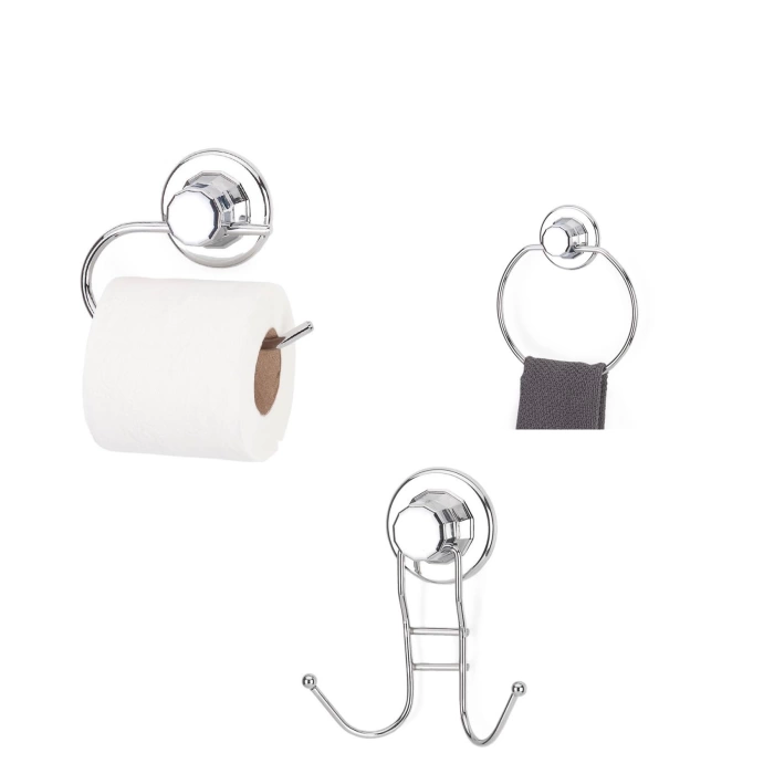 Vakumlu Banyo Aksesuarı 3 lü Set Havluluk + Tuvalet Kağıtlığı + 2 li Askı
