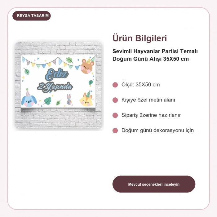 Sevimli Hayvanlar Partisi Temalı Doğum Günü Afişi 35X50 cm