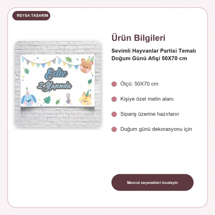 Sevimli Hayvanlar Partisi Temalı Doğum Günü Afişi 50X70 cm