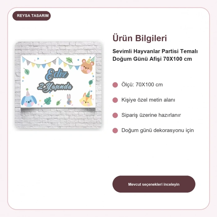 Sevimli Hayvanlar Partisi Temalı Doğum Günü Afişi 70X100 cm