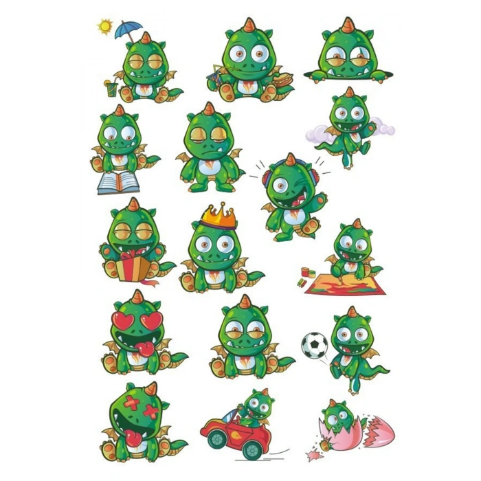 Yeşil Sevimli Ejderha Sticker Set 16 Parça Telefon, Tablet, Defter, Laptop Sticker