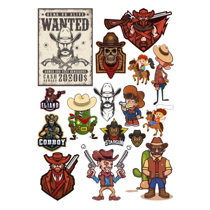 Kowboy Vahşi Batı Sticker Set-1 14 Parça Telefon, Tablet, Defter, Laptop Sticker