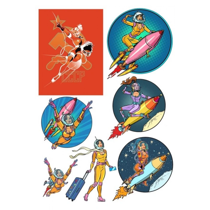 Astronot Kadın Sticker Set 2 7 Parça Telefon, Tablet, Defter, Laptop Sticker