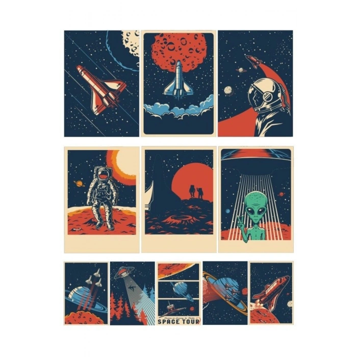 Uzay Poster Sticker Set 9 Parça Telefon, Tablet, Defter, Laptop Sticker